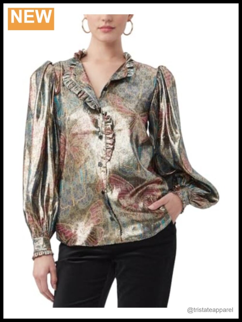Silk Metallic Butterfly Print Blouse V-Neck Ruffled Long Sleeve Top